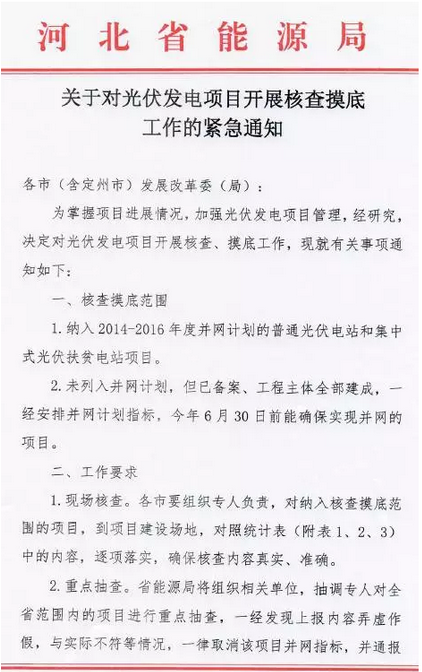 河北能源局下發(fā)《對光伏發(fā)電項目開(kāi)展核查摸底工作》的通知 弄虛作假取消并網(wǎng)指標！