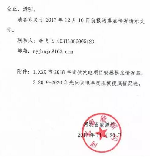 頭條！河北能源局發(fā)布《關(guān)于對2018-2020年光伏發(fā)電項目建設規模進(jìn)行摸底工作的通知》