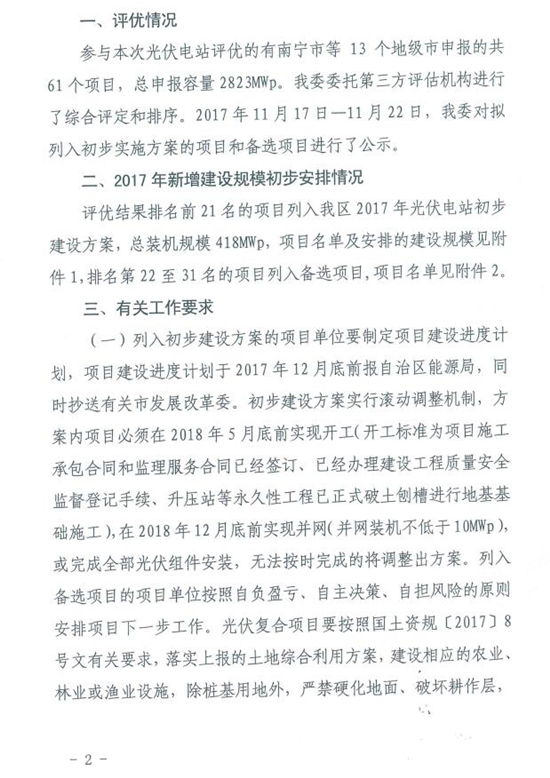 總裝機規模418MW 廣西發(fā)改委發(fā)布2017年普通光伏電站新增建設規模初步安排