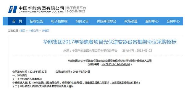 0.33元/瓦！神州數碼中標華能領(lǐng)跑者項目光伏逆變器采購