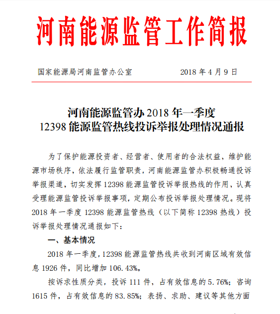 河南能監辦2018年Q112398能源監管熱線(xiàn)投訴舉報處理情況通報