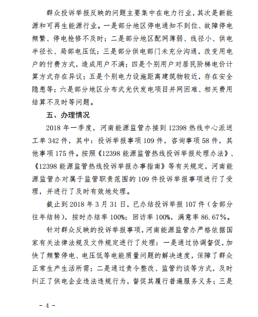河南能監辦2018年Q112398能源監管熱線(xiàn)投訴舉報處理情況通報